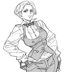 Rule 34 | 1girl, bad id, bb (baalbuddy), bow, bowtie, closed mouth, collared shirt, contrapposto, cowboy shot, earrings, fingerless gloves, gloves, greyscale, hand on own hip, highres, inactive account, jewelry, king (snk), long sleeves, looking at viewer, monochrome, pants, ryuuko no ken, shirt, short hair, simple background, smile, solo, standing, the king of fighters, vest, white background, wing collar