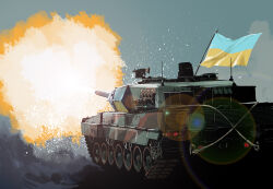 Rule 34 | cannon, explosion, flag, leopard 2, matsuda juukou, military, military vehicle, motor vehicle, natonica, no humans, original, propaganda, russo-ukrainian war, tank, ukraine, ukrainian flag, vehicle focus