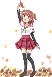 Rule 34 | 1girl, :d, akino kaede, arm up, autumn leaves, black thighhighs, blush, brown eyes, brown footwear, brown hair, eyebrows, full body, highres, kinfuji, loafers, looking up, magia record: mahou shoujo madoka magica gaiden, mahou shoujo madoka magica, open mouth, school uniform, serafuku, shoes, smile, solo, thighhighs, two side up