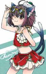 Rule 34 | 1girl, :3, ;3, adjusting eyewear, ahoge, alternate costume, animal ear fluff, animal ears, arm behind back, arm up, bikini, blush, brown eyes, brown hair, cat ears, cat tail, character name, chen, closed mouth, collarbone, commentary request, earrings, eyewear on head, gold trim, green hat, hat, jewelry, looking at viewer, melting, mob cap, mochen, multiple tails, navel, nekomata, one eye closed, red bikini, short hair, single earring, solo, standing, stomach, sunglasses, swimsuit, tail, touhou, twitter username, two tails, unkmochi