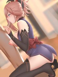 Rule 34 | 1boy, 1girl, ass, black thighhighs, blue eyes, blush, breasts, breasts out, censored, detached sleeves, dutch angle, erection, fate/grand order, fate (series), fellatio, from side, ginhaha, hetero, highres, indoors, japanese clothes, kimono, miyamoto musashi (fate), miyamoto musashi (first ascension) (fate), nipples, obi, oral, out of frame, penis, purple kimono, sash, short kimono, sleeveless, sleeveless kimono, squatting, standing, thighhighs, thighs