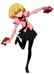 Rule 34 | 1girl, absurdres, black necktie, black pantyhose, black skirt, blonde hair, blush stickers, bob cut, brown footwear, cosplay, foot up, full body, hair between eyes, highres, leaning to the side, loafers, long sleeves, looking at viewer, monogatari (series), naoetsu high school uniform, necktie, official art, oshino ougi, oshino ougi (cosplay), oshino shinobu, outstretched arms, pantyhose, pink shirt, pleated skirt, puffy sleeves, running, scan, school uniform, shirt, shoes, short hair, simple background, skirt, sleeves past fingers, sleeves past wrists, slit pupils, smile, solo, standing, standing on one leg, upturned eyes, watanabe akio, white background, yellow eyes