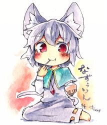 Rule 34 | 1girl, animal ear fluff, animal ears, barefoot, blush, bowl, capelet, chibi, chibi only, chopsticks, chopsticks in mouth, closed mouth, crystal, eating, full body, green capelet, grey hair, grey skirt, grey vest, hair between eyes, holding, holding bowl, holding chopsticks, jewelry, kibayashi kimori, looking at viewer, mouse ears, mouse girl, mouse tail, nazrin, one-hour drawing challenge, orange background, pendant, red eyes, rice, rice bowl, shirt, simple background, skirt, solo, tail, touhou, vest, white background, white shirt, yellow background