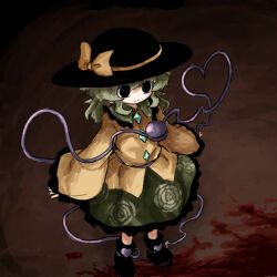 Rule 34 | 1girl, black eyes, black footwear, black hat, blood on ground, blouse, boots, bow, buttons, closed mouth, diamond button, eyeball, floral print, frilled shirt collar, frilled skirt, frilled sleeves, frills, full body, green skirt, hat, hat bow, hat ribbon, heart, heart of string, heripantomorrow, komeiji koishi, light green hair, long sleeves, medium hair, ribbon, rose print, shirt, sidelocks, skirt, sleeves past wrists, smile, solo, standing, third eye, touhou, wavy hair, wide sleeves, yellow bow, yellow ribbon, yellow shirt