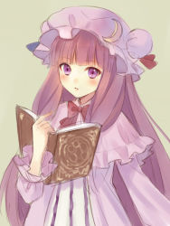 Rule 34 | 1girl, blush, book, bow, capelet, colorized, crescent, dress, fukahire (ruinon), hat, hat bow, long hair, long sleeves, looking at viewer, mob cap, open book, open mouth, patchouli knowledge, purple eyes, purple hair, simple background, sketch, solo, touhou