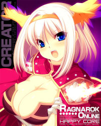 Rule 34 | 1girl, armor, blue eyes, blush, breasts, character name, cleavage, copyright name, creator (ragnarok online), energy, fangs, female focus, gloves, hairband, head tilt, head wings, kinoshita ichi, large breasts, looking at viewer, open mouth, ragnarok online, short hair, solo, upper body, watermark, web address, white hair, wings