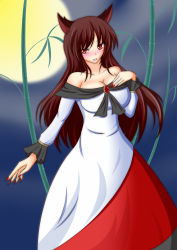 Rule 34 | 1girl, animal ears, bamboo, bamboo forest, bare shoulders, blush, breasts, brown hair, cleavage, dress, forest, full moon, hand on own chest, highres, imaizumi kagerou, jewelry, large breasts, long hair, looking at viewer, moon, nature, night, open mouth, red eyes, solo, touhou, wolf ears