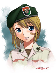 Rule 34 | 1girl, bandaid, bandaid on cheek, bandaid on face, beret, blonde hair, blue background, blue eyes, blush, brown shirt, camouflage, dated, desert camouflage, ebifly, hair between eyes, hat, jacket, looking at viewer, military, military uniform, original, parted lips, portrait, shirt, signature, smile, solo, uniform