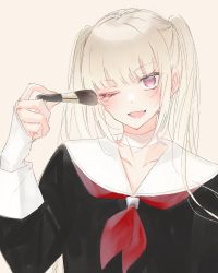 Rule 34 | 1girl, :d, black shirt, blonde hair, blush, choker, fangs, holding, long sleeves, looking at viewer, makeup brush, neckerchief, nekoume, one eye closed, open mouth, original, red eyes, red neckerchief, sailor collar, school uniform, serafuku, shirt, simple background, sleeves past wrists, slit pupils, smile, solo, twintails, white choker, white sailor collar, yellow background