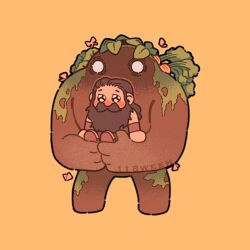 Rule 34 | 118ween, 1boy, artist name, beard, black hair, blank eyes, blush, boots, bug, butterfly, cabbage, carrot, carrying, chibi, covered mouth, dungeon meshi, dwarf, facial hair, full body, golem, hair slicked back, insect, long beard, long hair, male focus, moss, no headwear, o o, plant on head, senshi (dungeon meshi), shoe soles, simple background, sitting, sparkling eyes, standing, yellow background