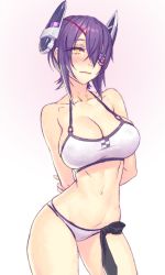 Rule 34 | 10s, 1girl, arms behind back, bare shoulders, bikini, blush, breasts, cleavage, collarbone, contrapposto, cowboy shot, eyepatch, gradient background, groin, hair between eyes, headgear, kantai collection, large breasts, light smile, looking at viewer, navel, purple hair, short hair, simple background, solo, standing, swimsuit, tenryuu (kancolle), tenryuu (swimsuit mode) (kancolle), white bikini, yellow eyes, yuuji (and)