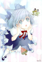 Rule 34 | 1girl, absurdres, blue eyes, blue hair, bow, cirno, female focus, food, frog, frozen, frozen frog, full body, hair bow, highres, image sample, matching hair/eyes, popsicle, short hair, solo, embodiment of scarlet devil, tommy (microstoria), touhou, watermelon bar, wings