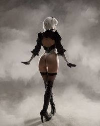 Rule 34 | 1girl, 2b (nier:automata), ass, back, blindfold, boots, cosplay, crossed legs, from behind, hair ornament, hairband, helly von valentine (disharmonica), high heel boots, high heels, leotard, nier:automata, nier (series), one-piece thong, photo (medium), short hair, solo, source request, thigh boots, thighhighs, thighhighs under boots, thong, thong leotard, watson cross, white hair