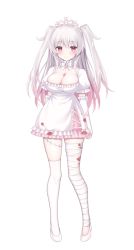 Rule 34 | 1girl, arms behind back, asymmetrical legwear, bandages, bandaged leg, bandages, blush, breasts, choker, cleavage, closed mouth, crown, detached sleeves, dress, gradient hair, ice cream mad labo, large breasts, long hair, looking at viewer, madoromi more, miko (royal milk), multicolored hair, official art, pink hair, pink skirt, puffy sleeves, red eyes, simple background, single thighhigh, skirt, smile, solo, standing, thighhighs, twintails, uneven legwear, virtual youtuber, white background, white dress, white footwear, white hair