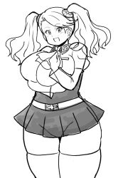 Rule 34 | 1girl, arms under breasts, blush, breasts, breasts squeezed together, gundam, gundam build fighters, gundam build fighters try, highres, huge breasts, koutarosu, looking at viewer, monochrome, open mouth, sazaki kaoruko, skirt, smile, solo, twintails, uniform, white background, wide hips