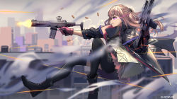 Rule 34 | 1girl, aac honey badger, absurdres, action, advanced armament corporation, ar-15, armor, assault rifle, asymmetrical legwear, battle, black footwear, black gloves, black thighhighs, blurry, bullet, carbine, cityscape, depth of field, dual wielding, firing, floating hair, from side, girls&#039; frontline, gloves, gun, hair between eyes, hair ornament, half gloves, handgun, highres, holding, holding gun, holding weapon, holster, integrally-suppressed firearm, jacket, jumping, long hair, magazine (object), magazine (weapon), mod3 (girls&#039; frontline), multicolored hair, one side up, parted lips, personal defense weapon, pink gloves, pink hair, projectile trail, q (firearms company), red eyes, remodel (girls frontline), rifle, scarf, scenery, scope, shaded face, shell casing, skirt, smoke, solo, splashing, st ar-15 (girls&#039; frontline), st ar-15 (mod3) (girls&#039; frontline), streaked hair, thigh holster, thigh strap, thighhighs, thighs, torn clothes, torn jacket, uneven legwear, weapon, wind, wind lift, wu lun wujin