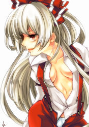 Rule 34 | 1girl, bad id, bad pixiv id, breasts, cleavage, female focus, fujiwara no mokou, long hair, open clothes, open shirt, red eyes, shirt, silver hair, simple background, solo, sukemyon, suspenders, touhou, white background