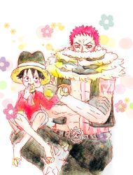 Rule 34 | 2boys, age difference, angry, artist request, black hair, blood, charlotte katakuri, fangs, food, grabbing, highres, injury, looking at viewer, monkey d. luffy, multiple boys, muscular, one piece, scar, serious, short hair, simple background, size difference, smile, standing, tattoo