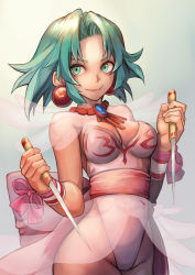 Rule 34 | 1girl, back bow, bow, breasts, closed mouth, commission, cowboy shot, dagger, dancer, dual wielding, earrings, ellis (toushinden), green background, green eyes, green hair, highleg, highleg leotard, hinoru saikusa, holding, holding dagger, holding knife, holding weapon, huge bow, jewelry, knife, leotard, looking at viewer, medium breasts, necklace, parted bangs, pink bow, reverse grip, see-through, short hair, simple background, skeb commission, smile, solo, standing, thighs, toushinden, weapon, white leotard, wrist bow, wrist cuffs