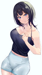 Rule 34 | 1girl, absurdres, asaka karin, bare arms, bare shoulders, black hair, black shirt, blue background, blue eyes, blush, breasts, cleavage, closed mouth, collarbone, cowboy shot, highres, large breasts, looking at viewer, love live!, love live! nijigasaki high school idol club, mole, mole on collarbone, namazu (yamasonson), shirt, short hair, shorts, simple background, sleeveless, smile, solo, white shorts