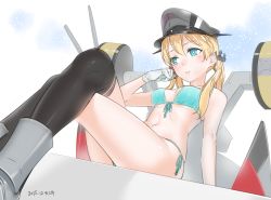 Rule 34 | 10s, 1girl, 2015, ama mitsuki, anchor hair ornament, aqua bikini, aqua eyes, bikini, black thighhighs, blonde hair, blush, boots, breasts, crossed legs, dated, from below, front-tie bikini top, front-tie top, gloves, hair ornament, hat, head rest, kantai collection, long hair, looking away, machinery, medium breasts, over-kneehighs, peaked cap, prinz eugen (kancolle), side-tie bikini bottom, sitting, solo, stomach, string bikini, swimsuit, thighhighs, twintails, white gloves
