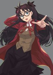 Rule 34 | 1girl, absurdres, arm behind head, bespectacled, black hair, black ribbon, black skirt, blue eyes, brown vest, coat, collared shirt, commentary, fate/stay night, fate (series), glasses, grey background, hair ribbon, highres, homurahara academy school uniform, long hair, looking at viewer, neck ribbon, open clothes, open coat, open mouth, outstretched arm, pantyhose, parted bangs, pleated skirt, red coat, red ribbon, ribbon, school uniform, shirt, simple background, skirt, solo, tohsaka rin, twintails, vest, w, white shirt, xtango