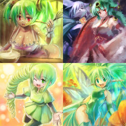 Rule 34 | 1boy, 4girls, apron, breasts, cleavage, edobox, fairy, green eyes, green hair, japanese clothes, kimono, large breasts, multiple girls, naked apron, pointy ears, red eyes, short hair, thighhighs, wings