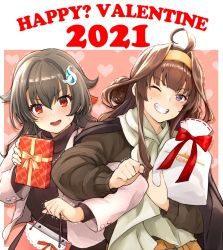 Rule 34 | 2021, 2girls, ahoge, bag, black hair, box, brown hair, clenched hand, coat, cowboy shot, double bun, gift, gift bag, gift box, grin, hair bun, hair flaps, hair ornament, hairband, hairclip, happy valentine, holding, holding bag, holding gift, jacket, jingei (kancolle), kantai collection, kongou (kancolle), long hair, low ponytail, multiple girls, one eye closed, purple eyes, red eyes, ribbon, scarf, smile, sweat, sweatdrop, trembling, valentine, watanore, winter clothes, winter coat