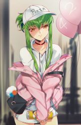 Rule 34 | 1girl, :3, bag, balloon, c.c., choker, closed mouth, clothes writing, code geass, creayus, green hair, handbag, hat, holding, holding balloon, hood, hoodie, jacket, long hair, looking at viewer, off shoulder, shoulder bag, skirt, sleeves past wrists, smile, solo, standing, yellow eyes