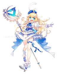 Rule 34 | 1girl, :d, absurdres, ahoge, beret, blonde hair, blue eyes, blue footwear, blue hat, commentary request, dress, feathers, full body, fuyuno yuuki, gloves, grey gloves, hat, hat feather, high heels, highres, holding, holding staff, long hair, looking at viewer, open mouth, original, puffy short sleeves, puffy sleeves, shoes, short sleeves, smile, solo, staff, standing, standing on one leg, teeth, upper teeth only, very long hair, watermark, web address, white background, white dress, white feathers, white gloves