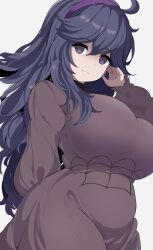 Rule 34 | 1girl, @ @, absurdres, alternate breast size, breasts, creatures (company), game freak, grey background, hairband, hex maniac (pokemon), highres, kocha (jgug7553), large breasts, long hair, long sleeves, looking at viewer, nintendo, parted lips, pokemon, pokemon xy, purple eyes, purple hair, purple hairband, simple background, smile, solo, teeth