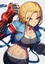 Rule 34 | 1girl, armored gloves, blonde hair, blue eyes, blue jacket, breasts, cammy white, choker, collarbone, commentary request, cropped jacket, curtained hair, english text, grey background, highres, jacket, kuroi susumu, large breasts, navel, open clothes, open jacket, short hair, simple background, single vambrace, solo, street fighter, street fighter 6, vambraces, yellow choker