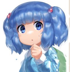 1girl, :o, backpack, bag, bangs, blue dress, blue eyes, blue hair, collared dress, commentary request, dress, eyebrows visible through hair, hair bobbles, hair ornament, hand up, kawashiro nitori, long sleeves, looking at viewer, monosenbei, parted lips, solo, sweat, touhou, two side up, upper body, white background