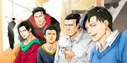 Rule 34 | 6+boys, alfred pennyworth, batman (series), black hair, blue eyes, brothers, bruce wayne, butler, couch, damian wayne, dc comics, dick grayson, family, father and son, formal, hand on head, hood, hoodie, jason todd, male focus, multiple boys, siblings, sitting, smile, stairs, suit, sweater, tim drake, v-neck, window