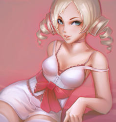 Rule 34 | 1girl, blonde hair, blue eyes, breasts, catherine, catherine (game), choker, cleavage, demon girl, drill hair, female focus, lipstick, makeup, medium breasts, ribbon, solo, twin drills, twintails