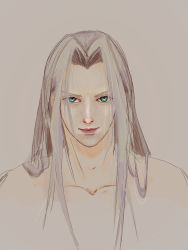 Rule 34 | 1boy, aqua eyes, bad id, bad pixiv id, closed mouth, collarbone, commentary request, eyelashes, final fantasy, final fantasy vii, final fantasy vii remake, forehead, grey hair, hair intakes, hair over shoulder, highres, lips, long hair, looking at viewer, makeup, male focus, nose, pink lips, satan (sugiu1ver), sephiroth, simple background, smile, solo, upper body, very long hair