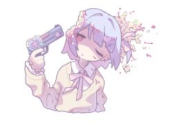 Rule 34 | 1girl, absurdres, alternate body fluid, bandaid, bandaid on hand, bandaid on neck, blood, blue hair, closed mouth, collared shirt, earrings, expressionless, gudon udon, gun, gun to head, hair ornament, hair ribbon, hairpin, hand up, handgun, heart, heart hair ornament, highres, holding, holding gun, holding weapon, jewelry, long sleeves, looking at viewer, neck ribbon, one eye closed, original, pastel colors, ribbon, shaded face, shirt, short hair, simple background, solo, stuffing, suicide, sweater, upper body, weapon, white background, white shirt, yellow sweater