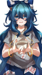 Rule 34 | 1girl, bangle, beggar, blue bow, blue eyes, blue hair, bow, bowl, bracelet, dagasitotaiyou, debt, eyebrows hidden by hair, hair between eyes, hair bow, highres, holding, holding bowl, jewelry, long hair, looking down, short sleeves, simple background, skirt, solo, sweat, touhou, very long hair, white background, yorigami shion