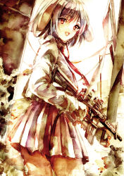 Rule 34 | 1girl, :d, absurdres, animal ears, assault rifle, black jacket, commentary request, cowboy shot, floppy ears, from behind, gun, highres, holding, holding gun, holding weapon, jacket, kamu kotan, long sleeves, looking at viewer, medium hair, necktie, open mouth, painting (medium), pleated skirt, purple skirt, rabbit ears, rabbit girl, red eyes, red necktie, reisen (touhou bougetsushou), rifle, sepia, skirt, smile, solo, touhou, traditional media, watercolor (medium), weapon