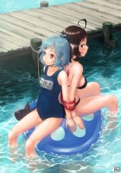 Rule 34 | 2girls, ahoge, antenna hair, arms at sides, artist name, asymmetrical wings, back-to-back, bare legs, bare shoulders, bikini, black bikini, black eyes, black hair, blue eyes, blue hair, blush, bound, bound together, bound wrists, breasts, bridge, character name, collarbone, commentary request, floating, floating object, grabbing another&#039;s wing, hair ornament, hairclip, heterochromia, houjuu nue, karakasa obake, kitano (kitanosnowwhite), legs, looking afar, looking back, medium breasts, multiple girls, one-piece swimsuit, outdoors, partially submerged, pier, pointy ears, red eyes, school swimsuit, short hair, sideboob, sitting, sitting on object, small breasts, smile, soaking feet, strap gap, swimsuit, tatara kogasa, thighs, touhou, ufo, umbrella, water, wing hug, wings