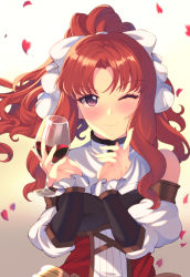 Rule 34 | 1girl, akino (princess connect!), alcohol, bare shoulders, blush, bow, breasts, cup, detached sleeves, drinking glass, falling petals, hair bow, highres, jewelry, long hair, looking at viewer, mizuyoukan (mikususannda), open mouth, parted bangs, petals, ponytail, princess connect!, purple eyes, red hair, sidelocks, simple background, smile, solo, white bow, wine, wine glass
