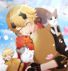 Rule 34 | 2boys, :d, ^ ^, aether (genshin impact), ahoge, animal, ari (bleum), artist name, black gloves, blonde hair, blue sky, blush, blush stickers, cat, cherry blossoms, chibi, closed eyes, cloud, commentary request, dated, day, dog, earrings, fake horns, falling petals, fingerless gloves, flower, genshin impact, gloves, hair between eyes, hair ornament, happy birthday, headband, horned headwear, horns, jacket, jewelry, long hair, male focus, multiple boys, notice lines, one eye closed, open mouth, orange flower, outdoors, petals, red jacket, rope, scarf, shiba inu, sidelocks, sky, sleeves rolled up, smile, solo focus, stud earrings, thoma (genshin impact), twitter username, upper body, white scarf, windwheel aster (genshin impact), yellow eyes