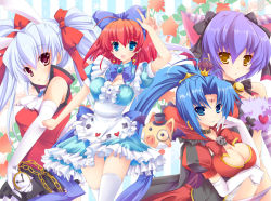 Rule 34 | 4girls, :d, alice wishheart, animal ears, ascot, bad id, bad pixiv id, bell, blue eyes, blue hair, bow, breasts, cat ears, cleavage, clubs, earrings, frost auslese, hair bow, hair ornament, hair ribbon, heart, hinata momo, jewelry, large breasts, long hair, looking at viewer, magical halloween, medium breasts, multiple girls, noir auslese, open mouth, pocket watch, ponytail, purple hair, red eyes, red hair, ribbon, rosemary bergamot, silver hair, smile, spade, star (symbol), star earrings, thigh gap, thighhighs, twintails, v, watch, white legwear, yellow eyes, zettai ryouiki