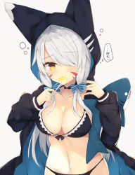 Rule 34 | 1girl, animal hood, black bra, black choker, black panties, blue bow, blush, bow, bra, breasts, brown eyes, candy, choker, cleavage, collarbone, eating, facial mark, food, grey background, hair bow, hair over one eye, highres, holding, holding food, hood, hood up, hoodie, large breasts, lollipop, long hair, long sleeves, looking at viewer, looking back, low-tied long hair, multicolored eyes, navel, nibiiro shizuka, open clothes, open hoodie, original, panties, short hair, simple background, solo, stomach, stuffed animal, stuffed shark, stuffed toy, tearing up, tears, thought bubble, translated, underwear, upper body, whisker markings, yellow eyes