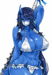 Rule 34 | 1girl, abs, armpits, bikini, blue hair, blue oni, blue skin, blue theme, bow, breasts, brown eyes, cleavage, club, club (weapon), collarbone, colored skin, curvy, demon girl, earrings, female focus, hair tubes, hoop earrings, horns, huge breasts, jewelry, kanabou, long hair, looking at viewer, mask, mouth mask, navel, oni, oni horns, original, pointy ears, simple background, single horn, skj, solo, standing, strap gap, string bikini, surgical mask, swimsuit, toned, underboob, very long hair, weapon, white background, white bikini, wide hips, yellow eyes