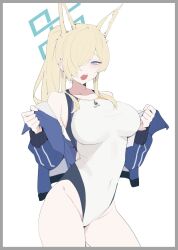Rule 34 | 1girl, animal ear fluff, animal ears, bare shoulders, blonde hair, blue archive, blue eyes, blue jacket, blush, border, breasts, cameltoe, commentary request, competition swimsuit, covered navel, cowboy shot, extra ears, grey border, gurenola, hair over one eye, highres, jacket, kanna (blue archive), kanna (swimsuit) (blue archive), large breasts, long hair, long sleeves, one-piece swimsuit, open clothes, open jacket, ponytail, sharp teeth, simple background, solo, sweat, swimsuit, teeth, upper teeth only, white background