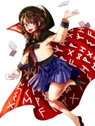 Rule 34 | 1girl, alternate costume, black cape, black footwear, black hat, black ribbon, bow, brown eyes, brown hair, cape, card, cloak, clothes writing, eyelashes, fedora, glasses, happy, hat, hat bow, high collar, highres, kuya (hey36253625), leg up, long sleeves, looking at viewer, low twintails, open mouth, purple skirt, red-framed eyewear, red cape, ribbon, runes, school uniform, semi-rimless eyewear, shirt, short hair, simple background, skirt, solo, touhou, twintails, two-sided cape, two-sided fabric, under-rim eyewear, usami sumireko, white background, white bow, white legwear, white shirt, zener card