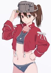 Rule 34 | 10s, 1girl, adapted costume, arm up, bikini, bouen, brown eyes, brown hair, cowboy shot, cropped jacket, grey background, grey bikini, hair between eyes, hand on own hip, highres, jewelry, kantai collection, looking at viewer, magatama, magatama necklace, navel, necklace, parted lips, ryuujou (kancolle), simple background, solo, swimsuit, tankini, twintails, visor cap