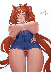 Rule 34 | 1girl, :d, absurdres, ahoge, bad id, bad pixiv id, bar censor, blue skirt, blush, bow, breasts, brown hair, censored, cleft of venus, covered navel, daiwa scarlet (umamusume), dated, deep skin, from below, gluteal fold, grabbing own breast, hair bow, hair intakes, hand on own hip, high-waist skirt, highres, huge breasts, inverted nipples, long hair, looking at viewer, looking down, open mouth, panana, pleated skirt, pussy, red bow, red eyes, signature, simple background, skirt, smile, solo, thighs, tiara, topless, twintails, umamusume, very long hair, white background