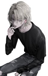 Rule 34 | 1boy, belt, black shirt, blonde hair, blood, blood on face, blood on hands, blue eyes, chain, chain necklace, cigarette, cross, cross earrings, denim, ear piercing, earrings, eyes visible through hair, fangs, finger tattoo, fingernails, grey background, hair between eyes, highres, holding, holding cigarette, invisible chair, jeans, jewelry, long sleeves, looking at viewer, male focus, necklace, original, pants, piercing, shirt, shirt tucked in, simple background, sitting, sleeves past wrists, solo, sriokorr, striped clothes, studded belt, t-shirt, tattoo, torn, torn clothes, torn jeans, torn pants